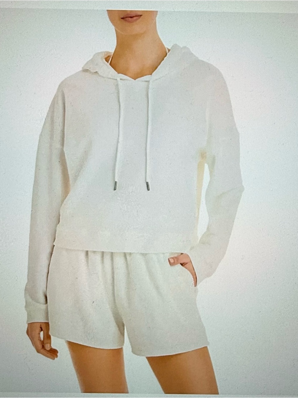 Aqua White Terry Cloth Pullover Hoodie and Shorts